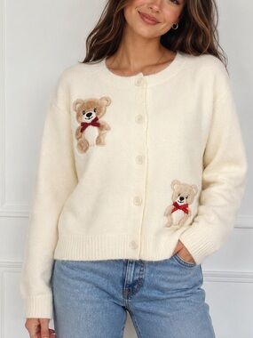 Threaded Leaf Teddy Bear Cardigan Ivory Button Front Soft Knit Sweater Size XL